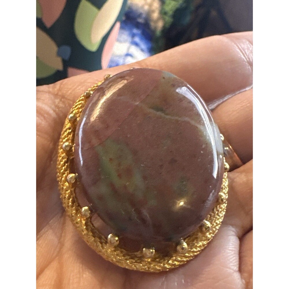 Vintage Jasper Stone Brooch Gold Tone Large Oval Cabochon Statement Pin - Picture 3 of 7